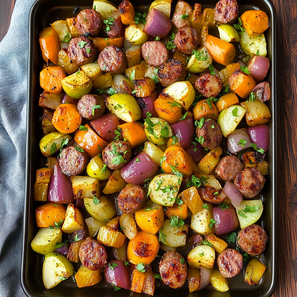 Recipe preparation for Sheet Pan Sausage, Onion, and Apple