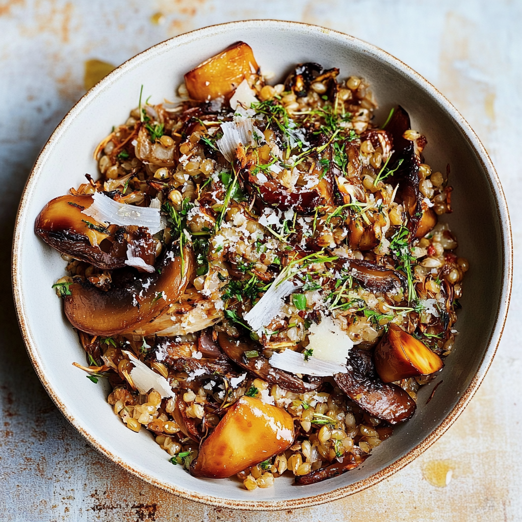 Recipe preparation for Roasted Mushroom & Garlic Barley Bowl