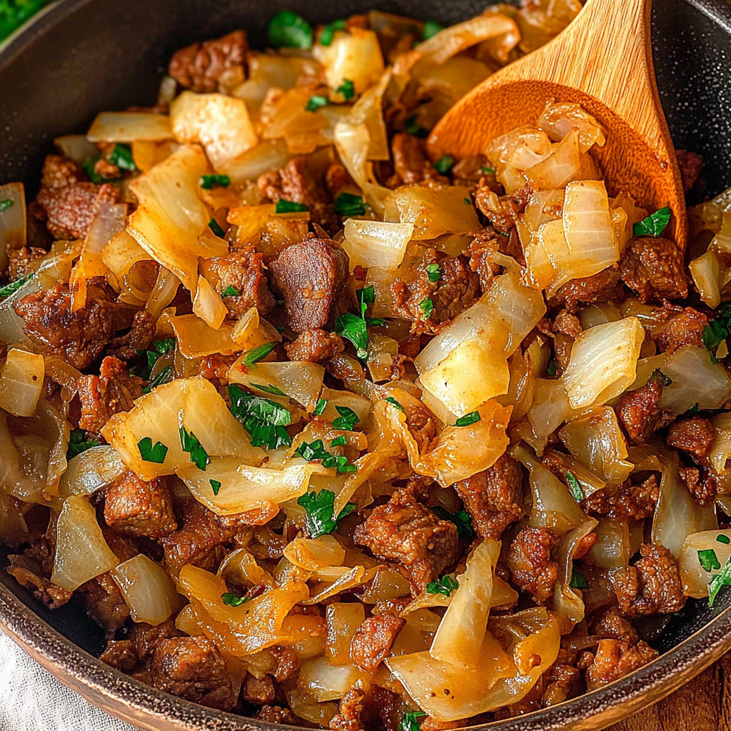 Recipe preparation for Beef & Cabbage Skillet