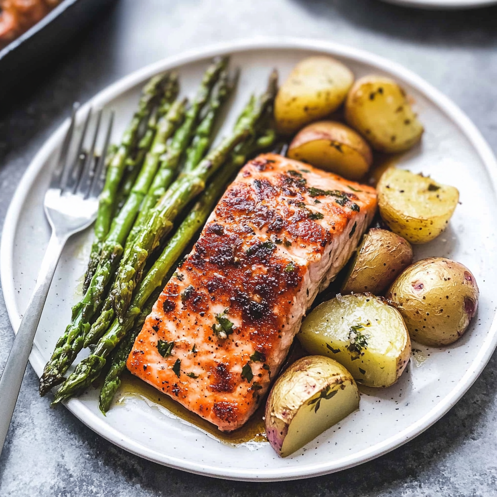 Recipe preparation for Garlic Butter-Roasted Salmon with Potatoes & Asparagus