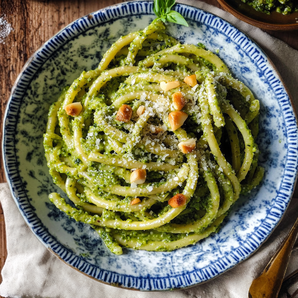 Recipe preparation for Pesto Pasta Salad with Pine Nuts