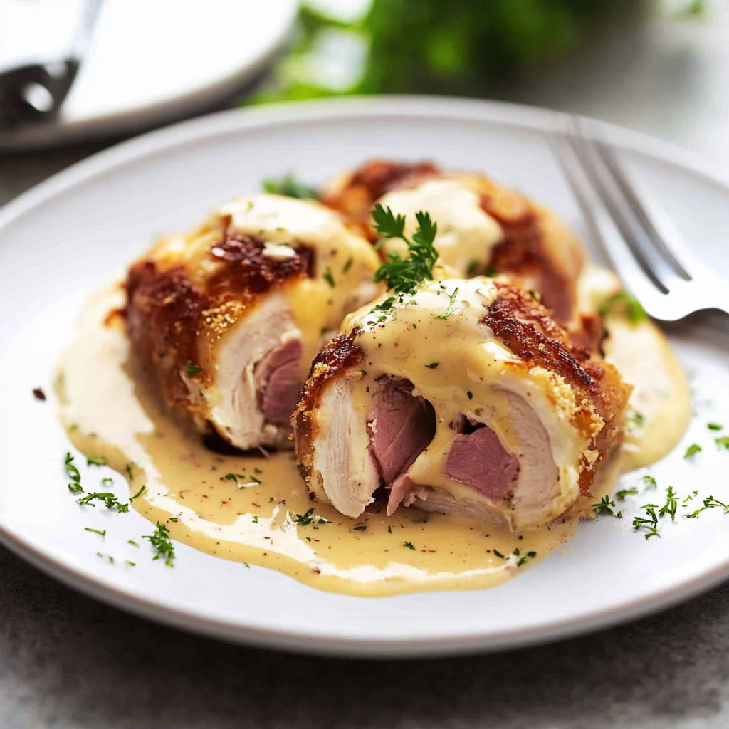 Recipe preparation for Chicken Cordon Bleu with Dijon Sauce