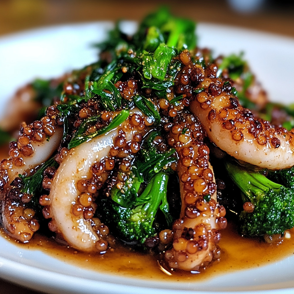 Recipe preparation for Citrus-Spiced Baby Octopus with Crunchy Broccolini
