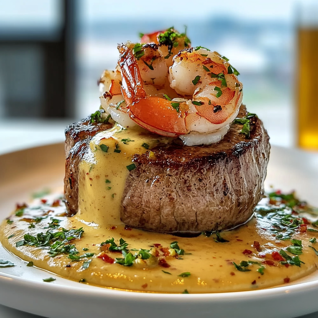 Recipe preparation for Filet Mignon with Shrimp and Lobster Cream Sauce