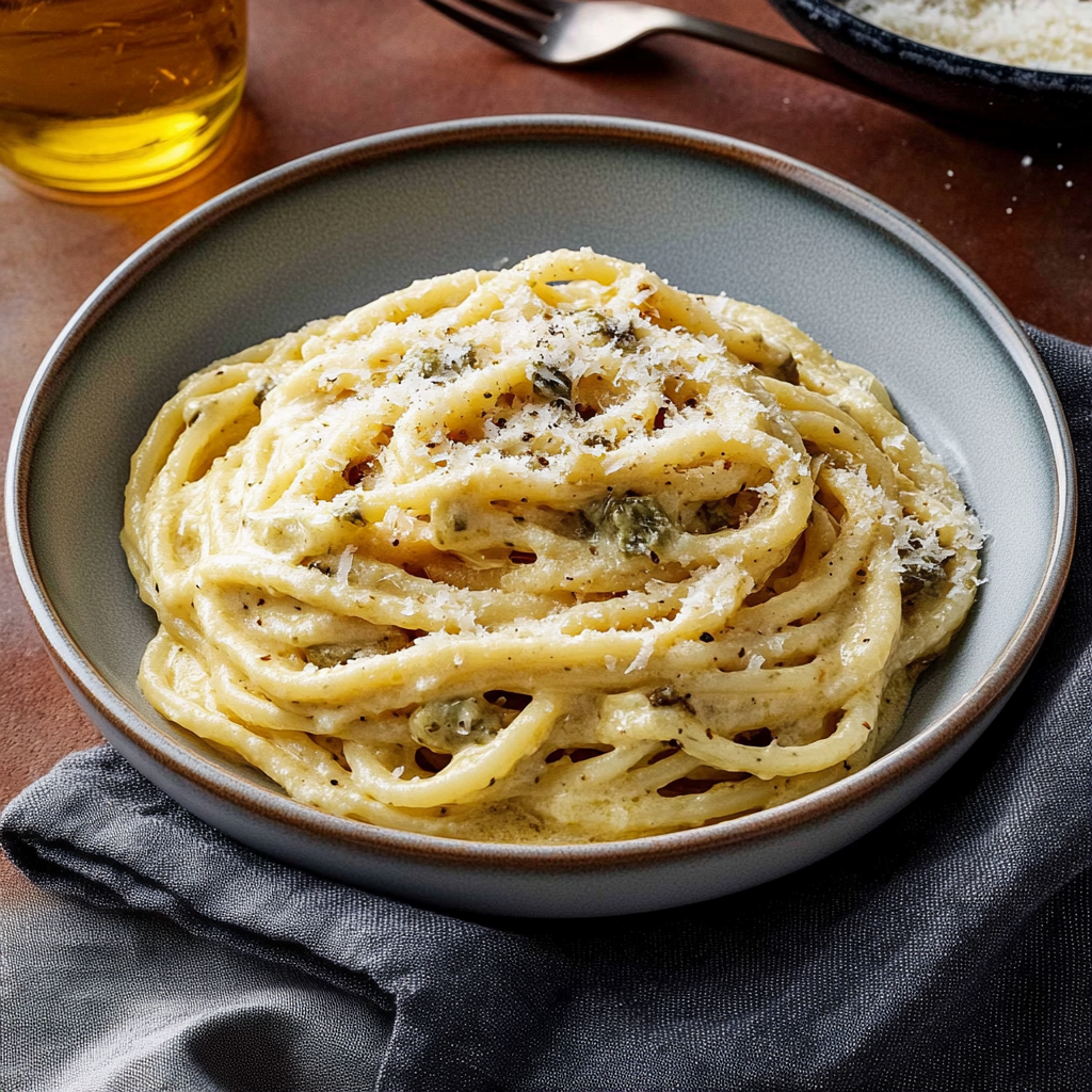 Recipe preparation for Spaghetti with Creamy Roasted Garlic Sauce