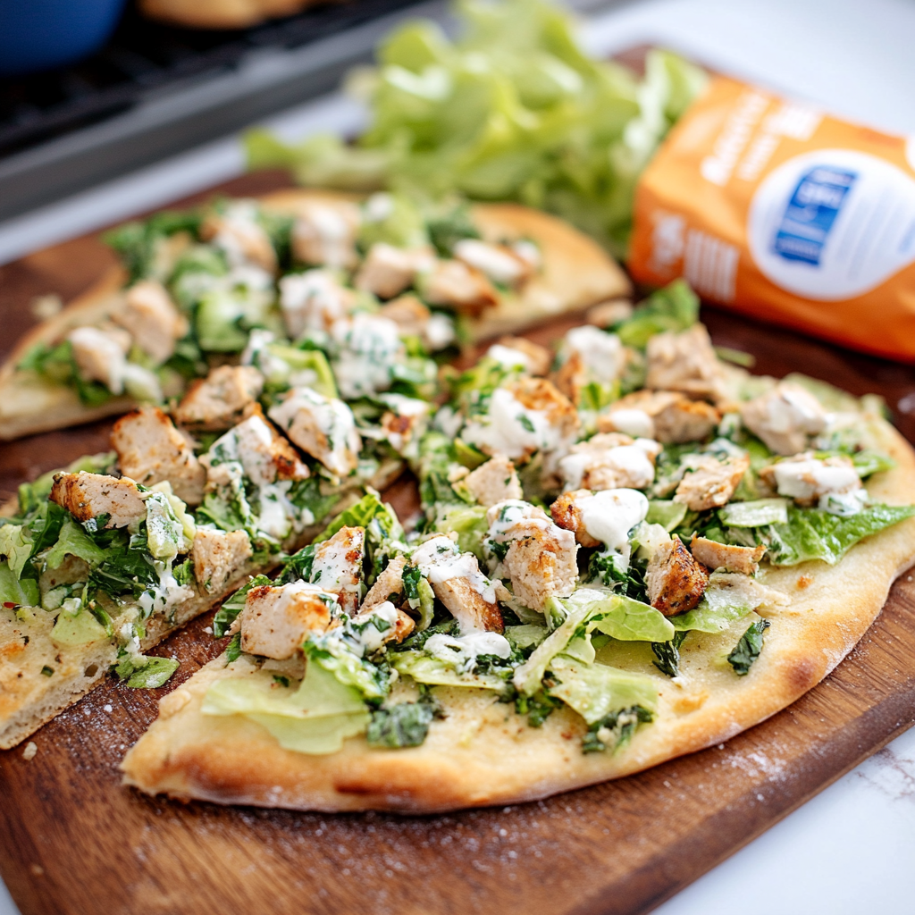 Recipe preparation for Warm Chicken Caesar Flatbread