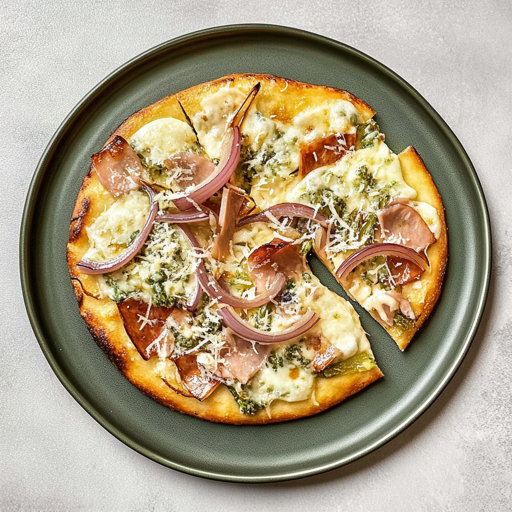 Recipe preparation for Caramelized Onion and Asparagus Flatbread