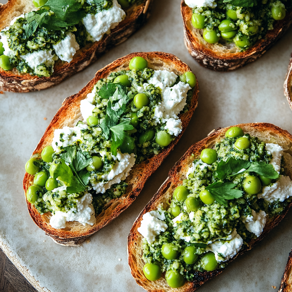 Recipe preparation for Pea and Goat Cheese Crostini