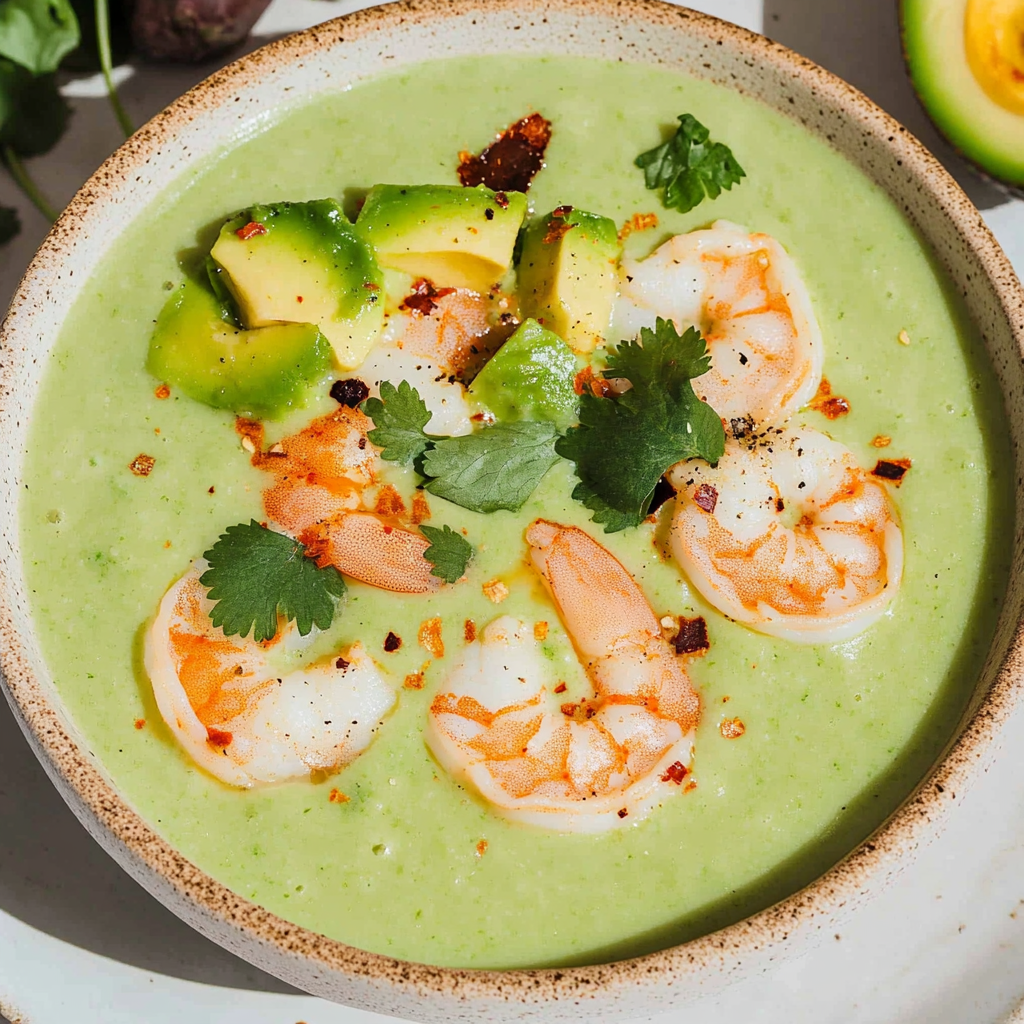 Recipe preparation for Cucumber Avocado Soup with Shrimp
